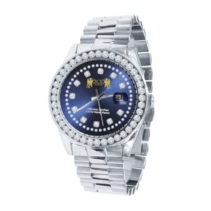 Mens Blue Dial Full Steel Solitaire White Gold Tone Simulated Diamond 41mm Watch - Picture 1 of 5