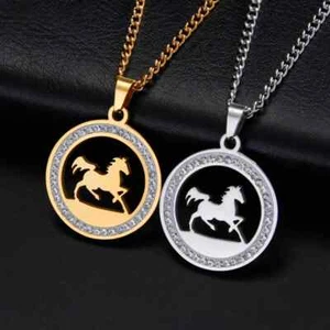 Running Horse Pendants Necklace Stainless Steel Rhinestone Pendant Necklace Gift - Picture 1 of 11