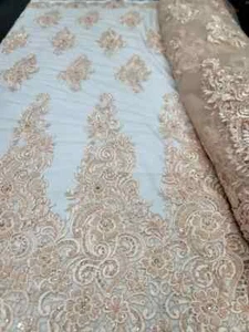Peach Lace Fabric with Beads, Pearls & Rhinestones - Floral Embroidery by the Ya - Picture 1 of 13