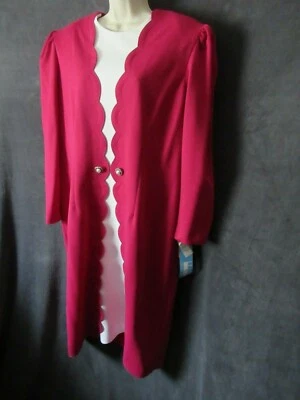 NWT 80's Vintage Leslie Fay Pink White Scalloped Trim Knit Long Sleeve Dress 18 - Image 1 of 4