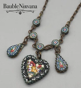 Antik Italien Mikro Mosaik Feston Herz & Tropfen Messing Halskette wunderschöne Farbe! - Bild 1 von 6