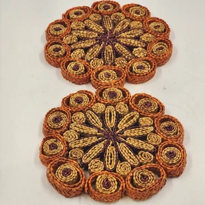 Set of 2 Vtg Straw Rattan Woven Trivets 7" Braided Kitchen Hot Pads Boho Decor - Picture 1 of 8