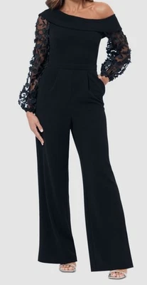Xscape Women's Black 3D Floral-Sleeve Wide-Leg Jumpsuit Size 12 - Image 1 of 4