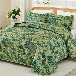 Quilt Set Queen Size,3 Pieces Christmas Green Floral Plants Printed Bedspread... - Bild 1 von 9