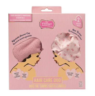 Vintage Cosmetics Co Roses Shower Cap & Pink Hair Drying Turban Towel Duo Set - Image 1 of 4