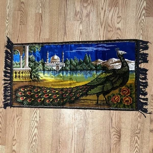 Arazzo pavone vintage anni 60 P&C Italia tappeto Taj Mahal decorazione artistica frangia - Foto 1 di 8