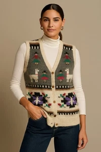 Chaleco Suéter Vintage Alpaca Mujer’s Peruano Usable Arte Boho Tejido Botón - Imagen 1 de 7