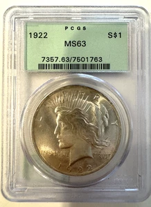 1922 PEACE SILVER DOLLAR PCGS MS63 GREEN HOLDER - Picture 1 of 3