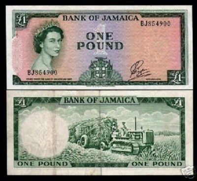 JAMAICA 1 POUND P-51 C b 1960 QUEEN TRACTOR AU CARIBBEAN MONEY BILL BANK NOTE - Image 1 of 2