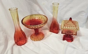 Vintage Amberina Red Yellow Square Pedestal Candy Dish, 2 Vases and Wedding Box. - Picture 1 of 10