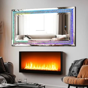 XXL Large LED Mirror RGB Lights Crush Diamond Inlay Wall Mirror Fireplace Decor - Picture 1 of 16