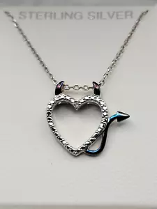 Collana con ciondolo corna diavolo cuore diamante argento sterling e catenina - Foto 1 di 11