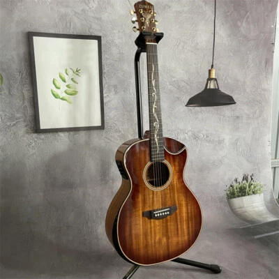 ZUWEI KOA Cutaway 6 String Acoustic Electric Guitar with Armrest Hollow Body - Image 1 of 4