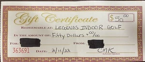 Legends Indoor Golf Gift Certificate.  $50 Value - Picture 1 of 5