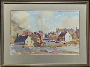 Pintura de acuarela original vintage de la aldea costera del norte de Gales - Imagen 1 de 12