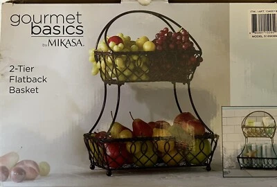 Gourmet Basics Mikasa 2 Tier Loop Pattern Flatback Wire Basket Antique Black NIB - Image 1 of 3