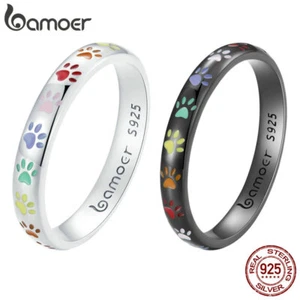 BAMOER 925 Sterling Silver Black Cute Pet Paw Prints Party Ring Women Gift - Picture 1 of 21
