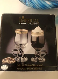 Imperial Crystal Collection 24KT Gold Hand Decorated Irish Coffee Set Of 2 - Picture 1 of 3