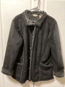 LL Bean Women's Dark Brown Faux Suede Sherpa Coat Jacket Size Large L. L. - Picture 1 of 12