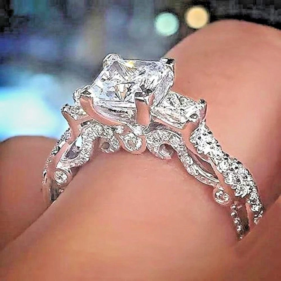 2.25 Ct Princess Simulated Diamond Solid 14k White Gold Engagement Ring Size 5.5 - Image 1 of 1