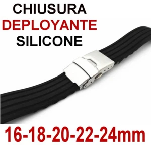 CINTURINO OROLOGIO SILICONE GOMMA DEPLOYANTE NERO 16mm 18mm 20mm 22mm 24mm - Foto 1 di 7