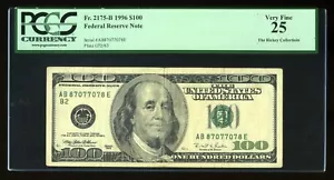 DBR 1996 $100 FRN New York RADAR Fr. 2175-B PCGS 25 Serial AB87077078E - Picture 1 of 2