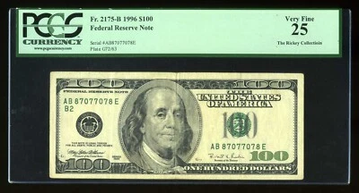 DBR 1996 $100 FRN New York RADAR Fr. 2175-B PCGS 25 Serial AB87077078E - Image 1 of 2