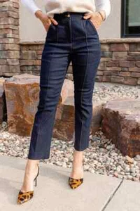 Veronica Beard Kimra Crop Denim Pants Women's 2 Dark Oxford Button Zip Closure - Picture 1 of 18