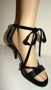 CHANEL Black Satin Ankle Tie Strappy Sandals with Rhinestone Camellia 39.5 - Bild 1 von 12