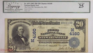 1902 Plain Back $20 Fr. 653 Charter #4160 National Bank Note LCG VF-25 - Picture 1 of 3
