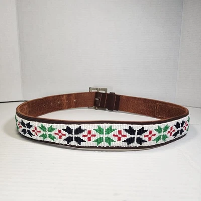 "Cinturón de cuero vintage Southwest hecho a mano con cuentas de semillas azul blanco rojo verde 1,5""X36""" Foto 1 de 4