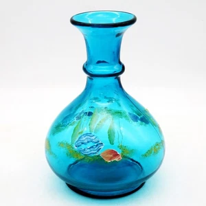 Fenton Kim Barley Signed Turquoise Art Glass Sea Scene Nautical Handpainted Vase - Picture 1 of 15