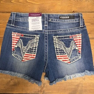 Nuovo con etichetta! Jeans corto Vigoss Heritage Fit Patriotic lavaggio scuro taglia 4 bandiera americana - Foto 1 di 14