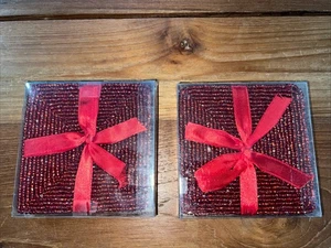 8 Rot Glas Perlen Untersetzer Set 4" x 4" Vintage Hergestellt in Indien Neu im Karton Weihnachten - Bild 1 von 8