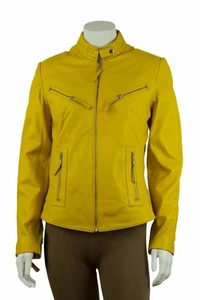 Chaqueta de motociclista ATTRACTION para mujer amarilla de cuero Napa ajustada corta cremallera completa - Imagen 1 de 6