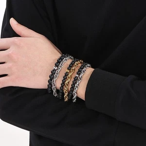 Mens Rope Twisted Chain Double-layer Stainless Steel Black Agate Bracelet 8.26'' - Picture 1 of 14