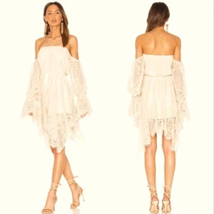 SHONA JOY White Handkerchief Lace Drawstring Waist Off-shoulder Dress US2 EU34 - Picture 1 of 10