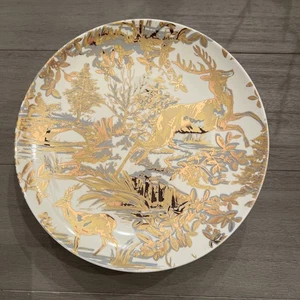 Set 2 Pottery Barn Alpine Toile Gold Salad Plates China Deer Scene 8.5 Inch - Picture 1 of 5