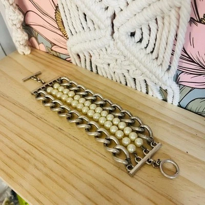 Brazalete Kenneth Cole Cadena Plata y Perla Ancho Grueso Edgy Diseñador Joyería Foto 1 de 4