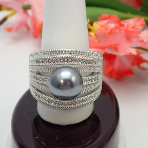 Nataliya V Collister NYC Bold Grey Simulated Pearl CZ Size 11 Silver Plated Ring - Picture 1 of 9