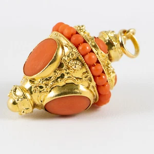 Vintage Etruscan Style 18K Yellow Gold, Pre-owned Coral Pendant - Picture 1 of 11