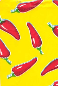 Oilcloth Fabric Spicy Chiles Red on Yellow Pattern Sold in Yard or Bolt - Picture 1 of 2