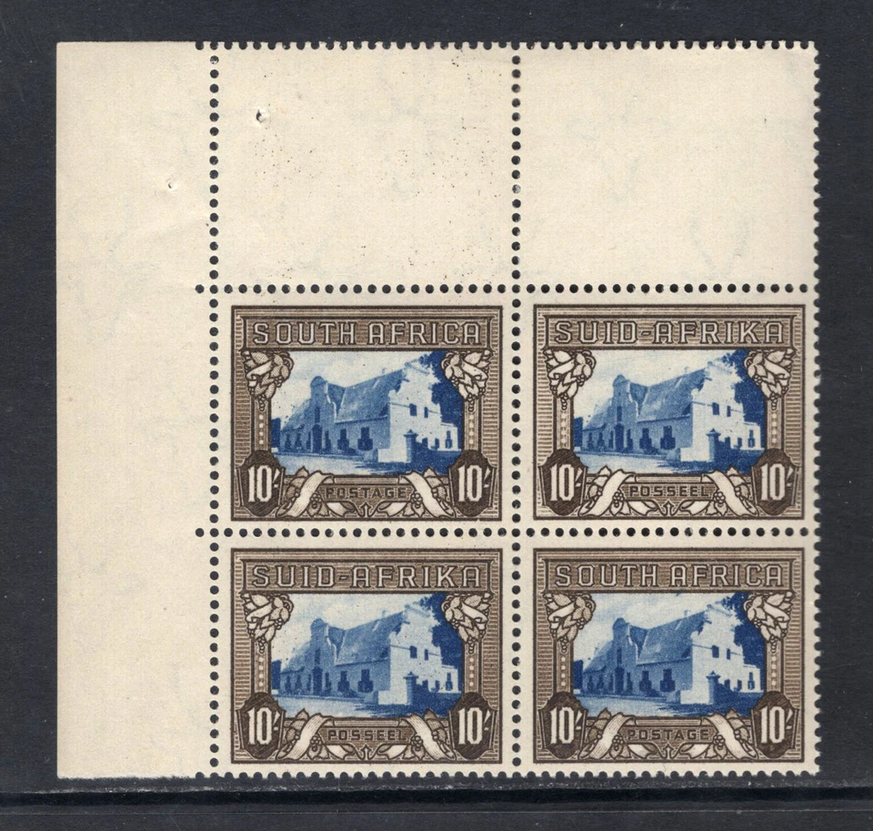 M20065 Sudáfrica 1939 SG64c - Bloque de esquina 10/- azul y sepia de 4 (dos pares) Foto 1 de 1
