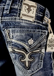 $220 Mens Rock Revival Jeans "Aquatic" Leather Inserts Faux Straight 33 X 31 - Picture 1 of 12