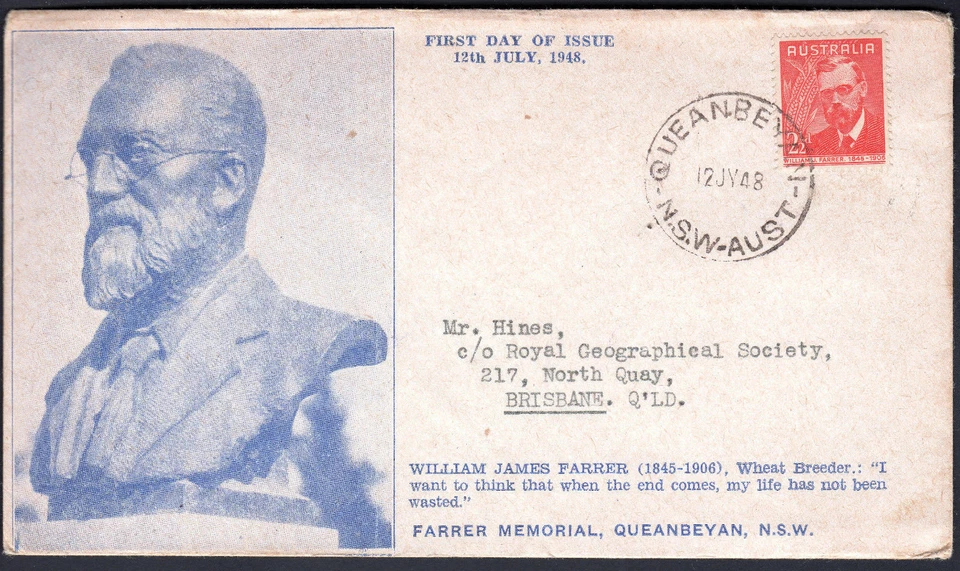 Australia William Farrer Wheat Pioneer 1948 FDC a la Royal Geographical Society Foto 1 de 1