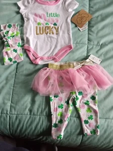 NWT Baby Essentials 3 Piece Outfit Sz 3M St. Patricks Day Pink Little Miss Lucky - Picture 1 of 6