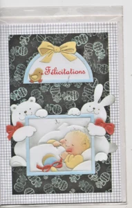 Carte Félicitations Naissance ours lapin bébé relief blanc gris .11 cm x 17 cm. - Imagen 1 de 2