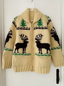 Vintage Hand Knit Mary Maxim COWICHAN Shawl Zip Cardigan Sweater Elk men's sz M - Picture 1 of 5