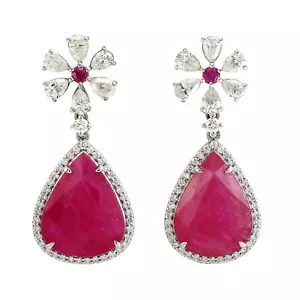 18k White Gold Natural Ruby Diamond Dangle Earrings Women's Jewelry - Picture 1 of 6