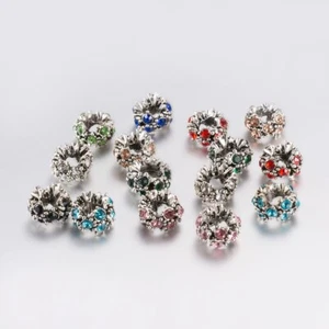 10Pcs Antique Silver Alloy Rhinestone European Large Hole Flower Beads 12x8mm - Picture 1 of 3